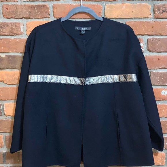 Lafayette 148 Navy Cashmere Wool Blend Silver Striped Jacket Size 10 - Picture 1 of 6